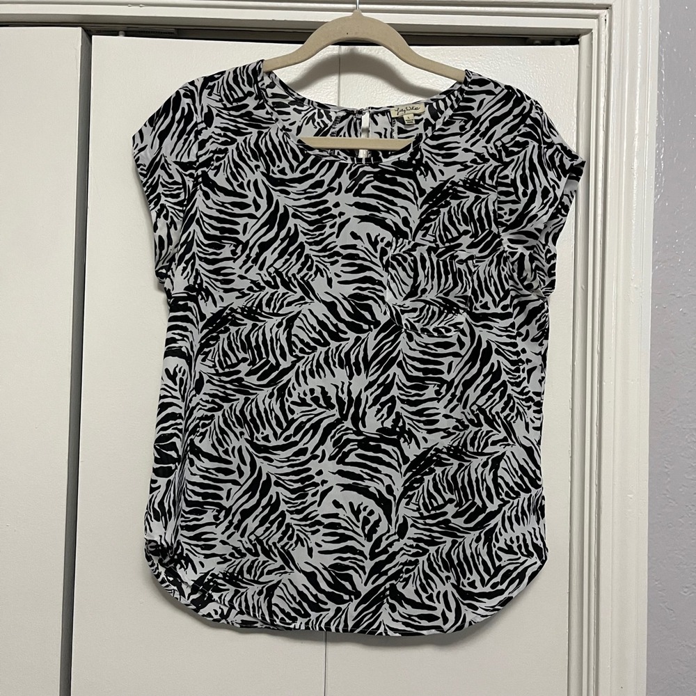 Lily White Womens Zebra Leaf Print Short Sleeve Keyhole Back Blouse L